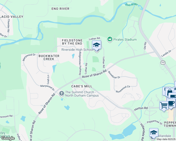 map of restaurants, bars, coffee shops, grocery stores, and more near 3136 Luther Road in Durham