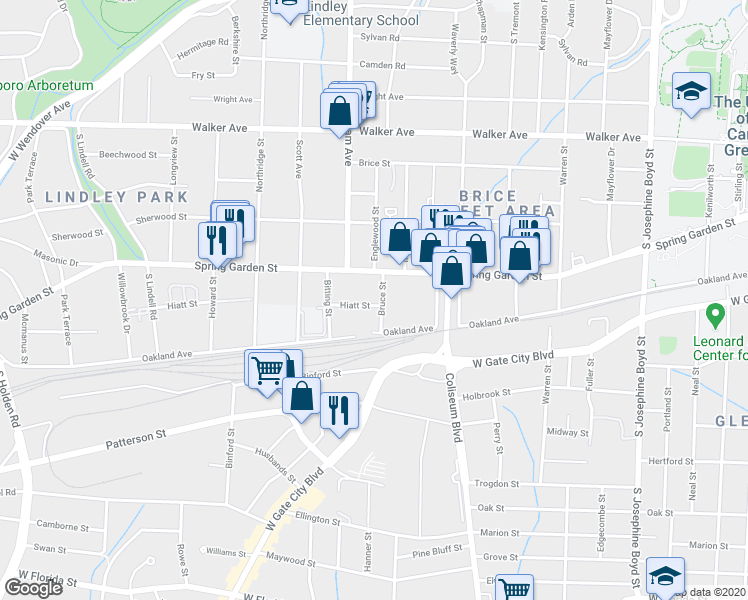 map of restaurants, bars, coffee shops, grocery stores, and more near 2100 Hiatt Street in Greensboro