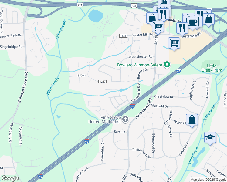 map of restaurants, bars, coffee shops, grocery stores, and more near 882 Silver Leaf Drive in Winston-Salem
