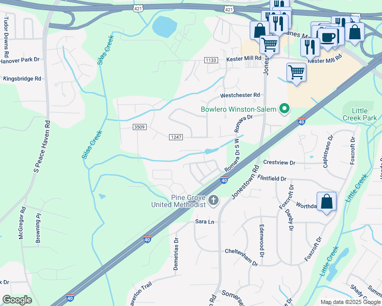 map of restaurants, bars, coffee shops, grocery stores, and more near 882 Silver Leaf Drive in Winston-Salem