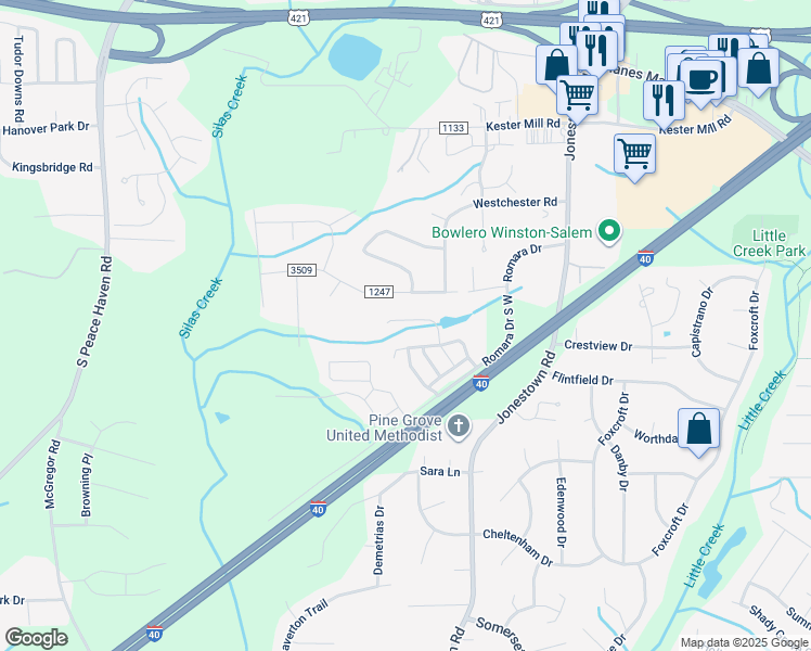 map of restaurants, bars, coffee shops, grocery stores, and more near 882 Silver Leaf Drive in Winston-Salem