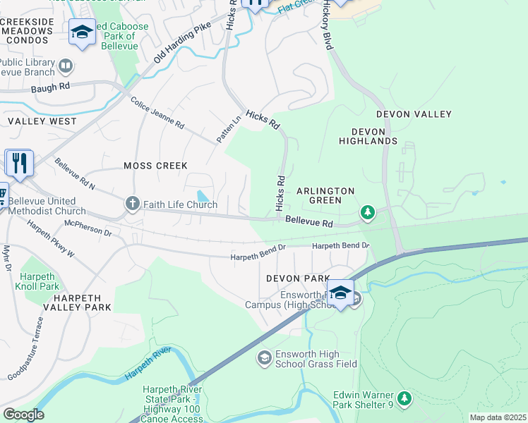 map of restaurants, bars, coffee shops, grocery stores, and more near 401 Sunvalley West in Nashville