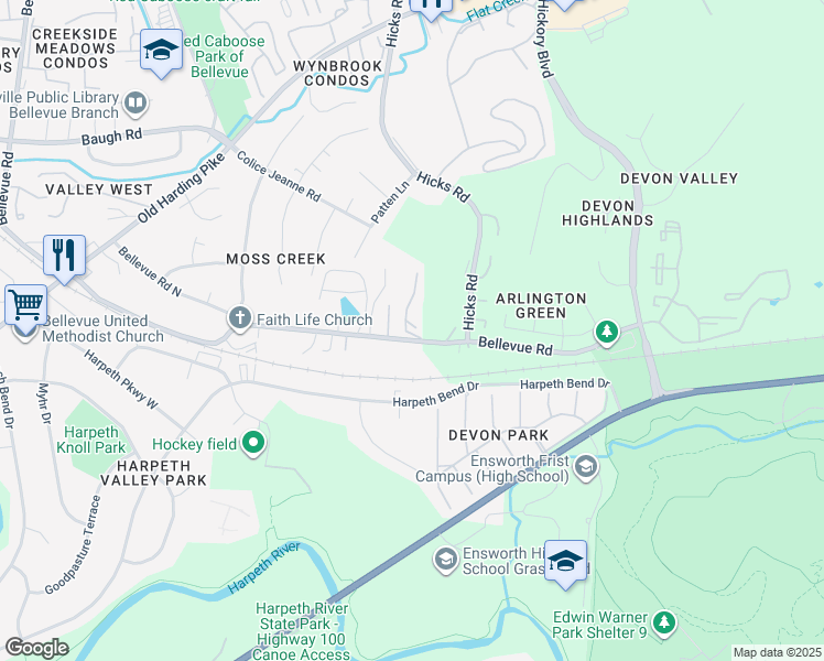 map of restaurants, bars, coffee shops, grocery stores, and more near 112 Bellevue Road in Nashville