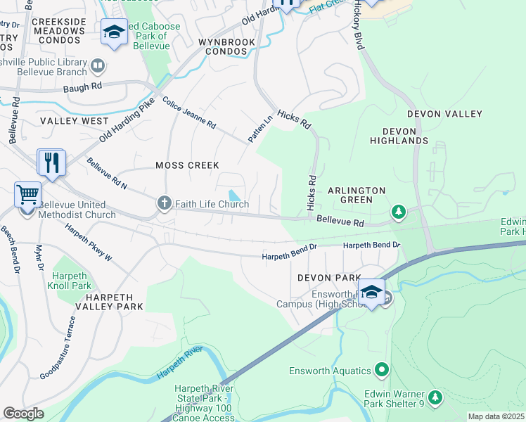 map of restaurants, bars, coffee shops, grocery stores, and more near 112 Bellevue Road in Nashville