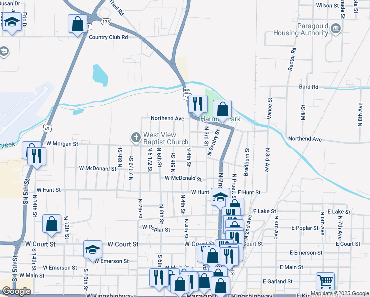 map of restaurants, bars, coffee shops, grocery stores, and more near 420 West Morgan Street in Paragould