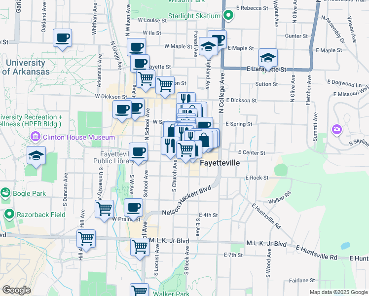 map of restaurants, bars, coffee shops, grocery stores, and more near 112 West Center Street in Fayetteville