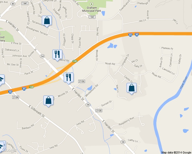 map of restaurants, bars, coffee shops, grocery stores, and more near 998 Whittemore Road in Graham