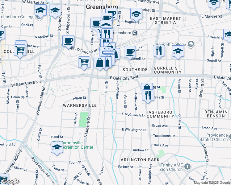 map of restaurants, bars, coffee shops, grocery stores, and more near 118 East Bragg Street in Greensboro