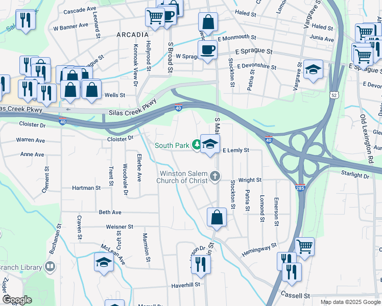 map of restaurants, bars, coffee shops, grocery stores, and more near 208 West Lemly Street in Winston-Salem