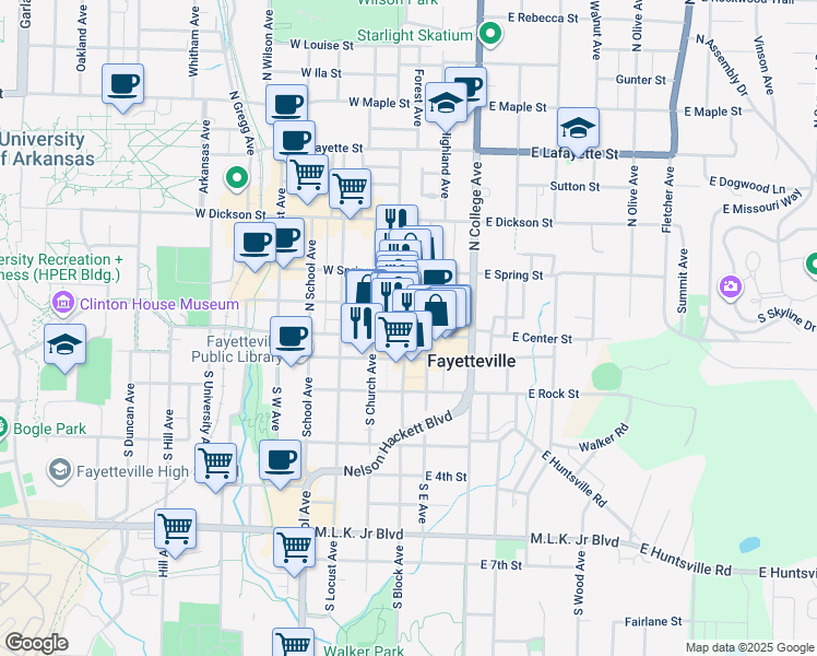 map of restaurants, bars, coffee shops, grocery stores, and more near 11 North Block Avenue in Fayetteville