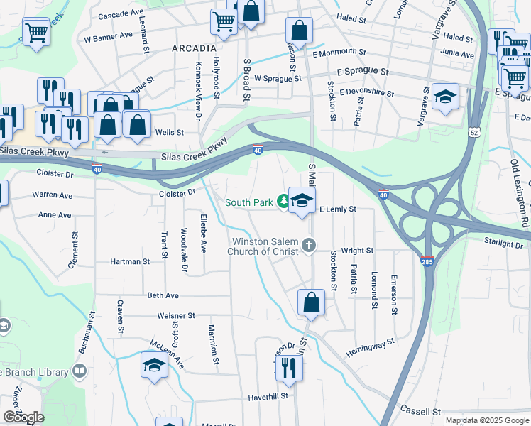 map of restaurants, bars, coffee shops, grocery stores, and more near 208 Lemly Street Southwest in Winston-Salem
