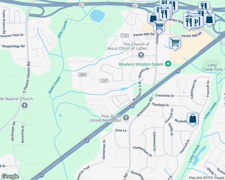 map of restaurants, bars, coffee shops, grocery stores, and more near 882 Silver Leaf Drive in Winston-Salem