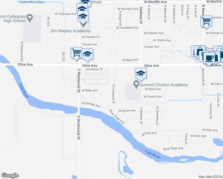 map of restaurants, bars, coffee shops, grocery stores, and more near 209 South Lombardi Street in Porterville