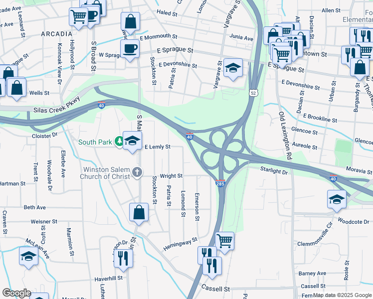 map of restaurants, bars, coffee shops, grocery stores, and more near 2707 Lomond Street in Winston-Salem