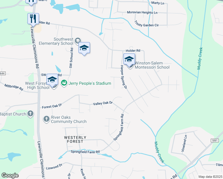 map of restaurants, bars, coffee shops, grocery stores, and more near 160 Spring Park Court in Clemmons