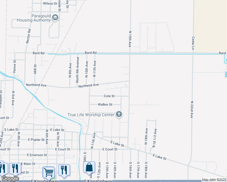 map of restaurants, bars, coffee shops, grocery stores, and more near 1306 Barton Lane in Paragould