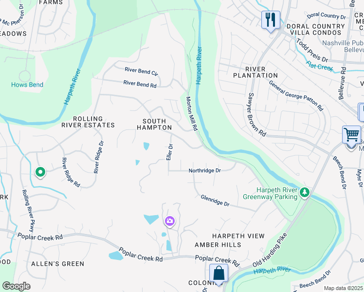 map of restaurants, bars, coffee shops, grocery stores, and more near 1509 Eller Drive in Nashville