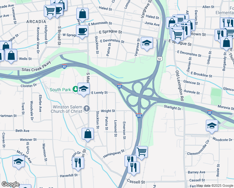 map of restaurants, bars, coffee shops, grocery stores, and more near 2707 Lomond Street in Winston-Salem