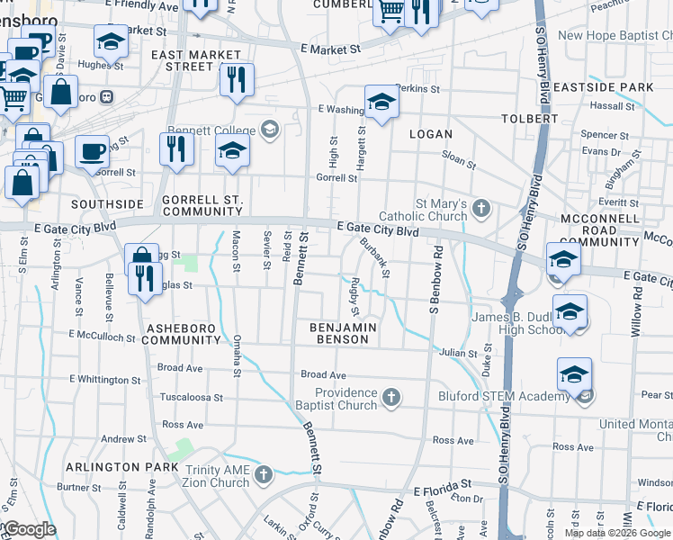 map of restaurants, bars, coffee shops, grocery stores, and more near 1021 John Dimrey Drive in Greensboro