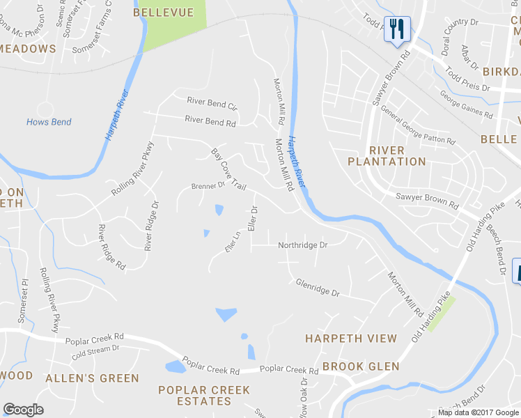 map of restaurants, bars, coffee shops, grocery stores, and more near 1509 Eller Drive in Nashville