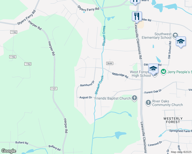 map of restaurants, bars, coffee shops, grocery stores, and more near 1743 Ramhurst Drive in Clemmons