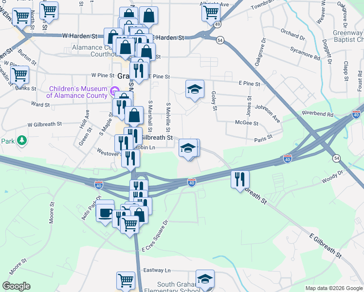 map of restaurants, bars, coffee shops, grocery stores, and more near 405 Robin Lane in Graham