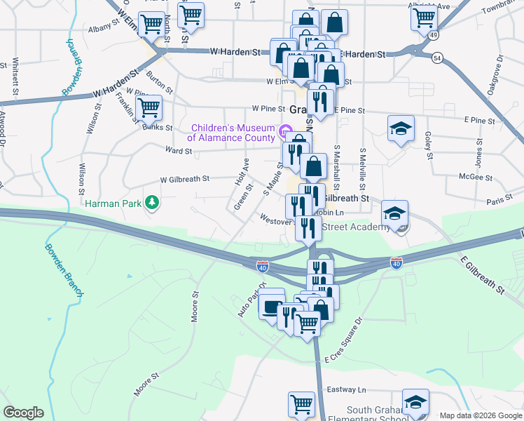 map of restaurants, bars, coffee shops, grocery stores, and more near 417 South Maple Street in Graham