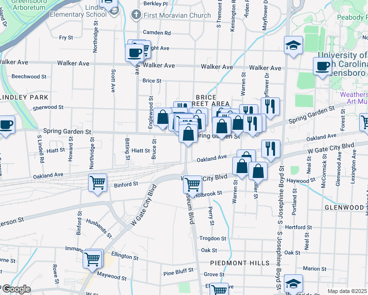 map of restaurants, bars, coffee shops, grocery stores, and more near in Greensboro