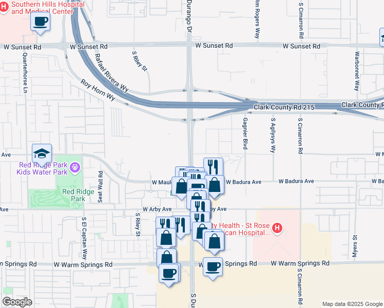 map of restaurants, bars, coffee shops, grocery stores, and more near 6484 South Durango Drive in Las Vegas