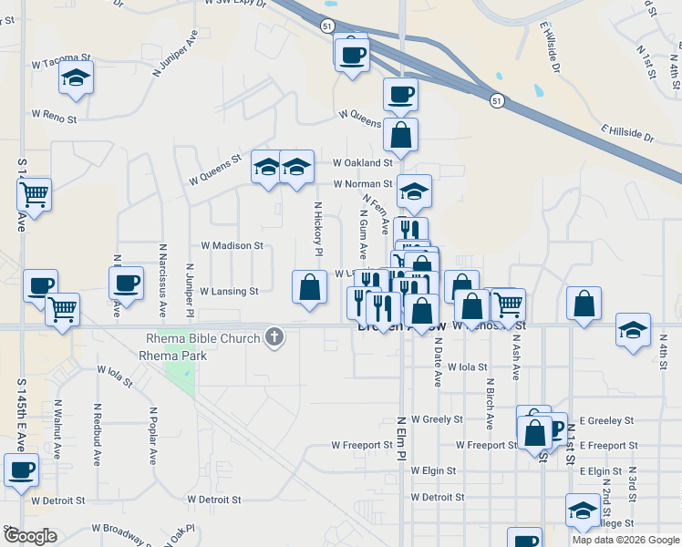 map of restaurants, bars, coffee shops, grocery stores, and more near 1000 West Lansing Street in Broken Arrow