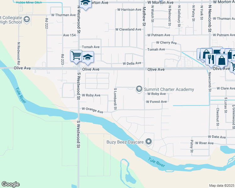 map of restaurants, bars, coffee shops, grocery stores, and more near 210 Lombardi Street in Porterville