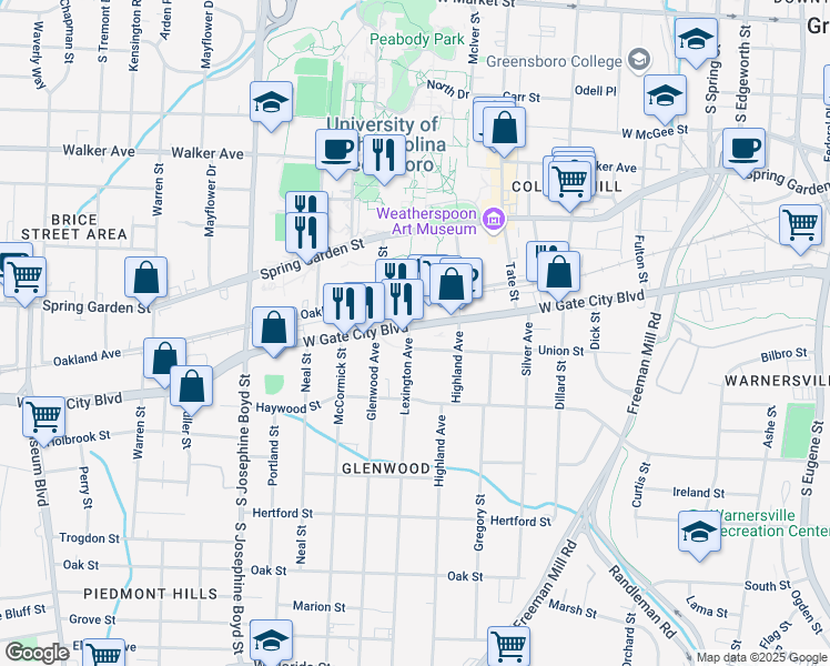 map of restaurants, bars, coffee shops, grocery stores, and more near 1029 West Lee Street in Greensboro