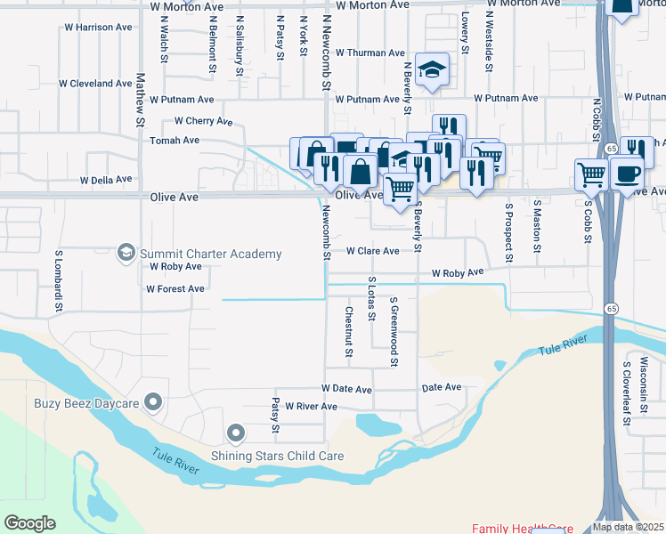 map of restaurants, bars, coffee shops, grocery stores, and more near 1588 West Roby Avenue in Porterville