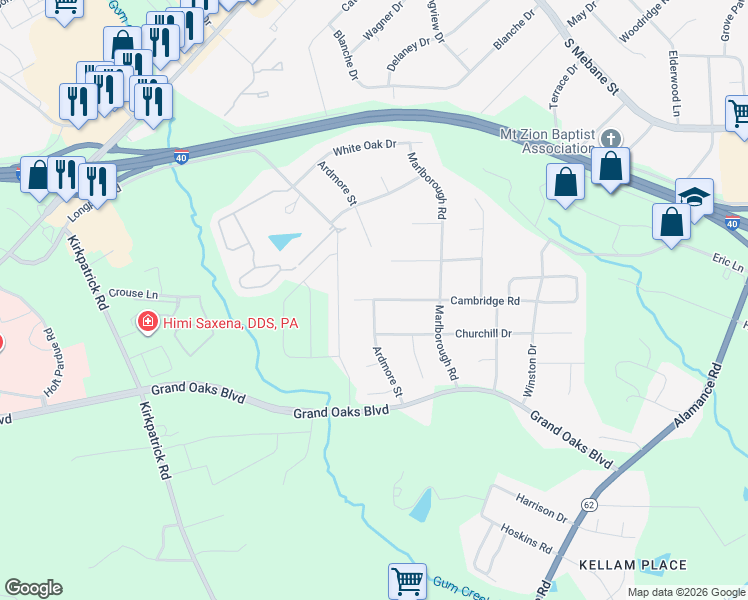 map of restaurants, bars, coffee shops, grocery stores, and more near 2701 Cambridge Road in Burlington