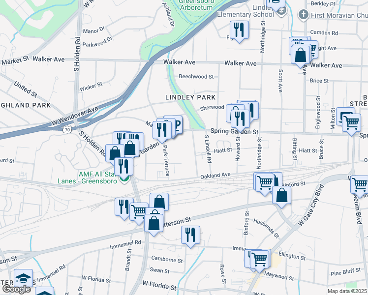 map of restaurants, bars, coffee shops, grocery stores, and more near 2813 Spring Garden Street in Greensboro