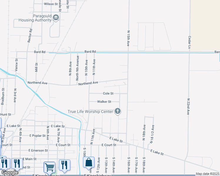 map of restaurants, bars, coffee shops, grocery stores, and more near 1306 Barton Lane in Paragould