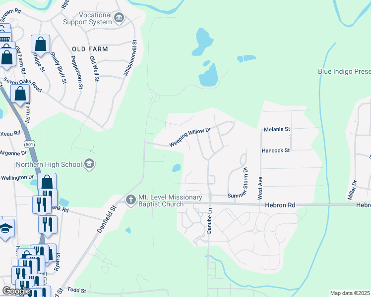 map of restaurants, bars, coffee shops, grocery stores, and more near 8 Crimson Clover Court in Durham