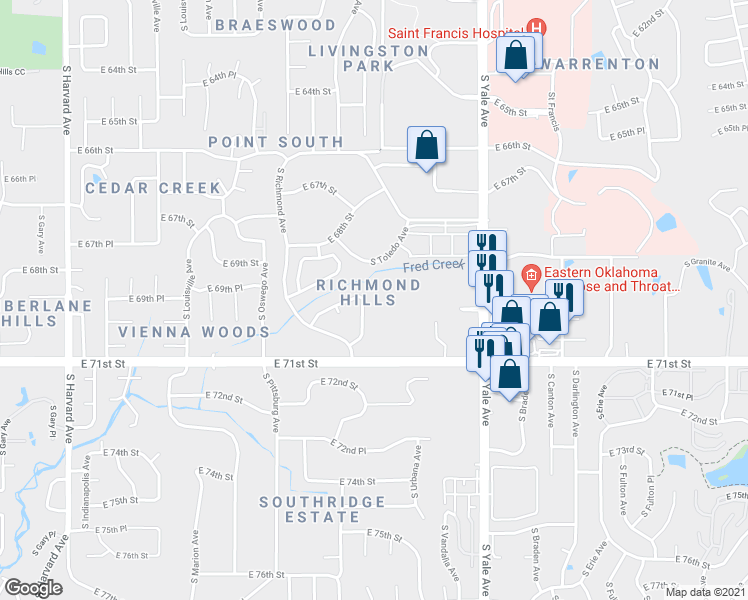 map of restaurants, bars, coffee shops, grocery stores, and more near 7001 South Sandusky Avenue in Tulsa