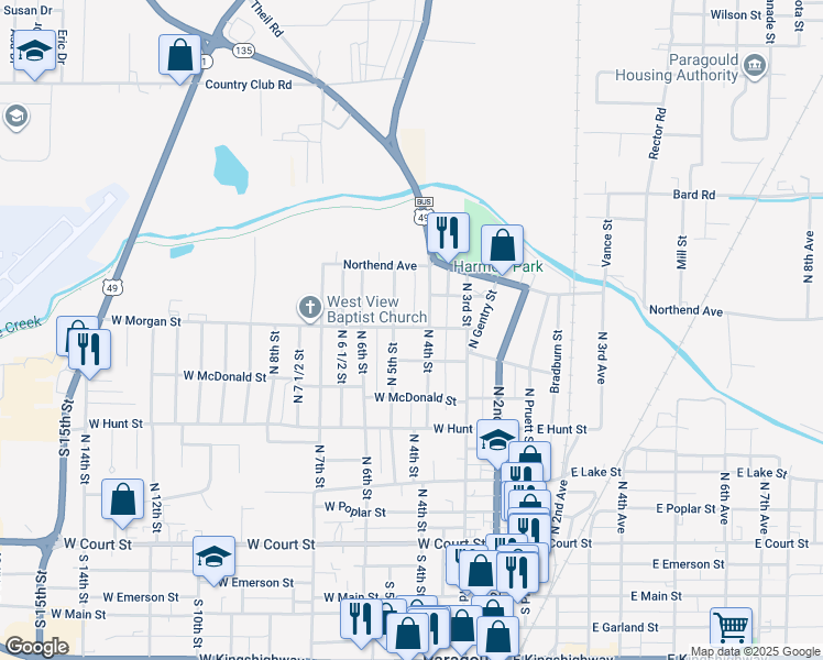 map of restaurants, bars, coffee shops, grocery stores, and more near 420 West Morgan Street in Paragould