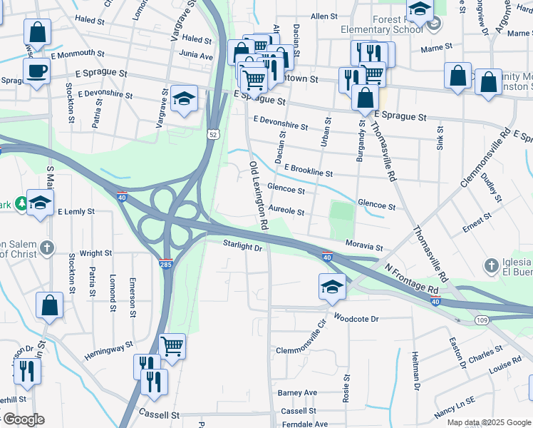 map of restaurants, bars, coffee shops, grocery stores, and more near 2813 Old Lexington Road in Winston-Salem