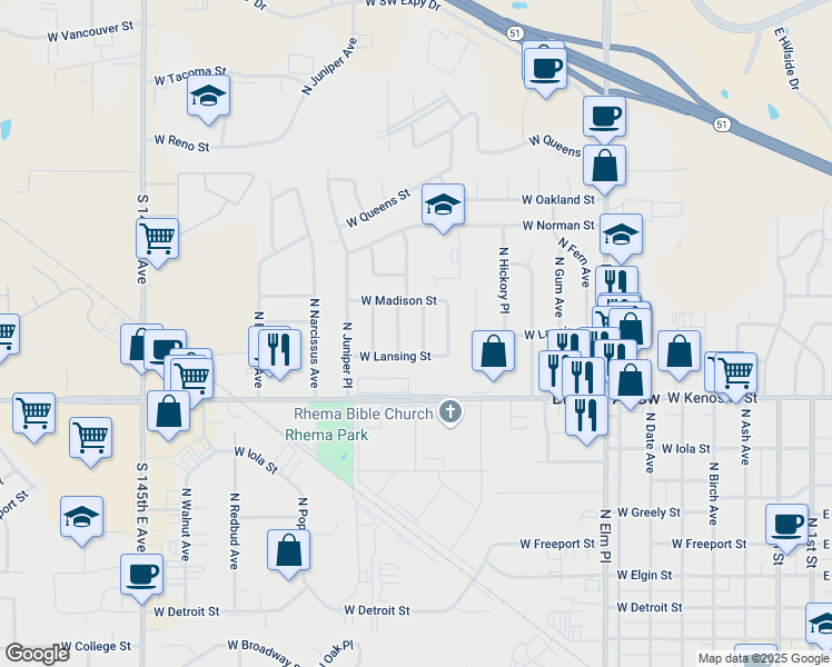 map of restaurants, bars, coffee shops, grocery stores, and more near 1114 North Ironwood Avenue in Broken Arrow