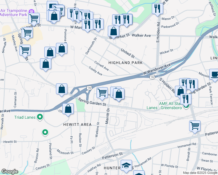 map of restaurants, bars, coffee shops, grocery stores, and more near 514 Merritt Drive in Greensboro