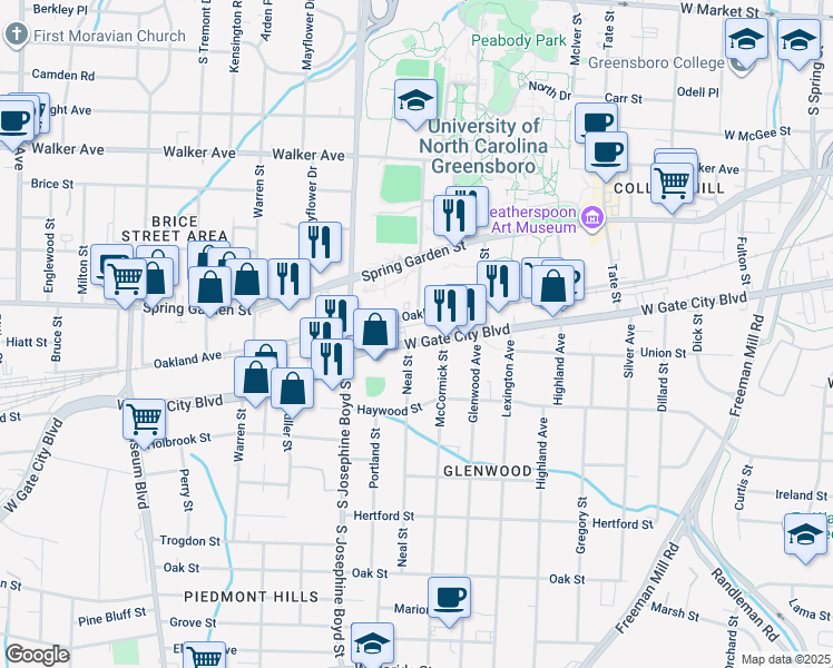map of restaurants, bars, coffee shops, grocery stores, and more near 1400 W Lee St in Greensboro