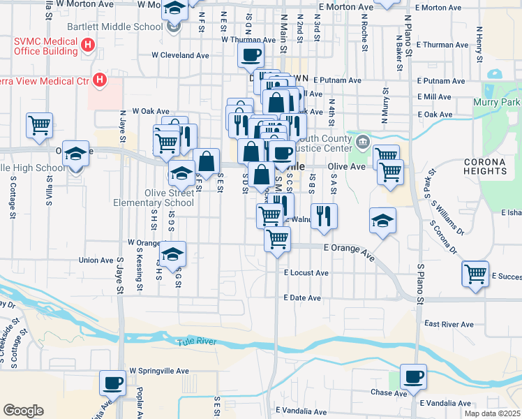map of restaurants, bars, coffee shops, grocery stores, and more near 135 South Hockett Street in Porterville
