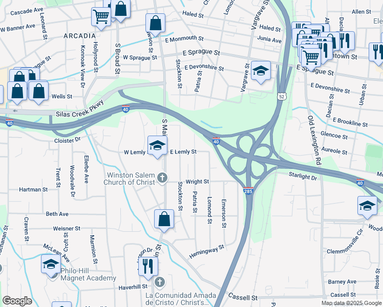 map of restaurants, bars, coffee shops, grocery stores, and more near 2700 Patria Street in Winston-Salem