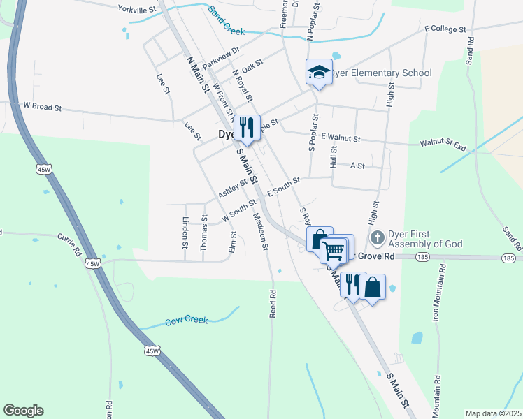 map of restaurants, bars, coffee shops, grocery stores, and more near 404 S Main St in Dyer