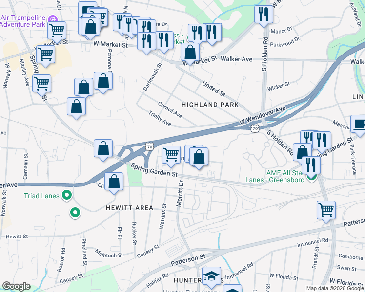 map of restaurants, bars, coffee shops, grocery stores, and more near 514 Merritt Drive in Greensboro