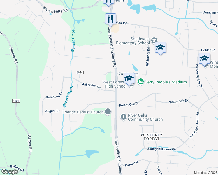 map of restaurants, bars, coffee shops, grocery stores, and more near 6900 Millbridge Road in Clemmons
