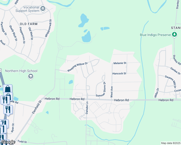 map of restaurants, bars, coffee shops, grocery stores, and more near 5403 Danube Lane in Durham