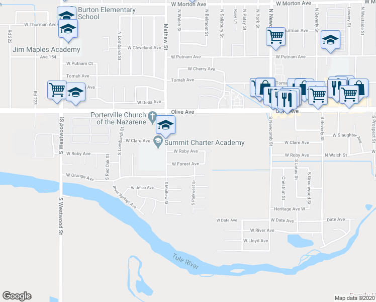 map of restaurants, bars, coffee shops, grocery stores, and more near 1912 West Roby Avenue in Porterville